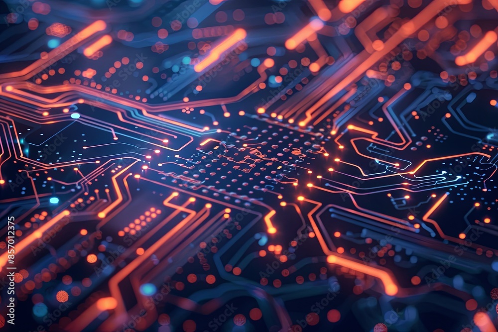 A close-up view of a circuit board, showcasing its intricate design and glowing traces. Generative AI A close-up view of a circuit board, showcasing its intricate design and glowing traces. Generative AI