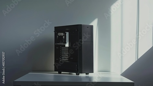 Back side of midi tower computer case on white table
