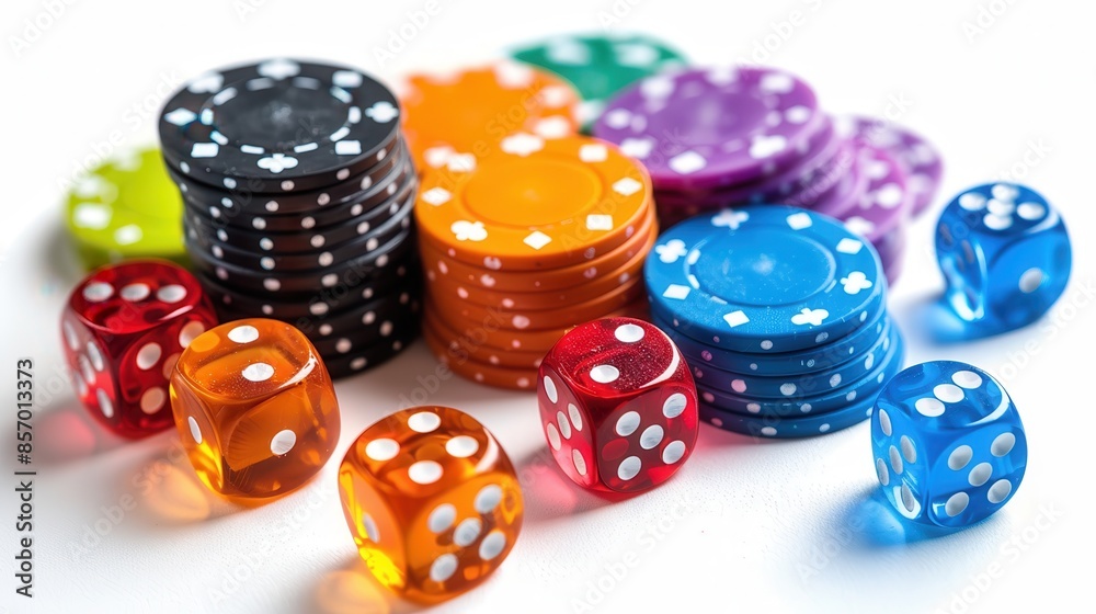 A pile of casino tokens and dice, isolated white background, colorful and vibrant, sharp focus, studio lighting A pile of casino tokens and dice, isolated white background, colorful and vibrant, sharp focus, studio lighting