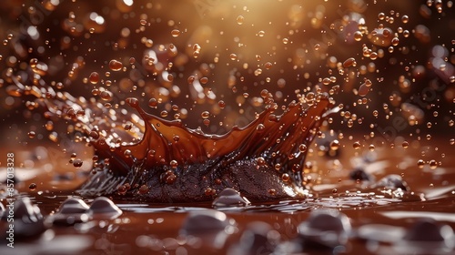 A close-up of a splash of chocolate, with droplets captured in mid-air surrounding a central smooth drop, capturing both movement and texture, inducing a sense of indulgence. photo