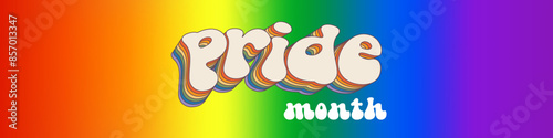 Pride month horizontal banner with gradient with pride colors flag and groovy text PRID. LGBTQ Pride month retro or pride day poster, flyer, banner, logo modern style design template.