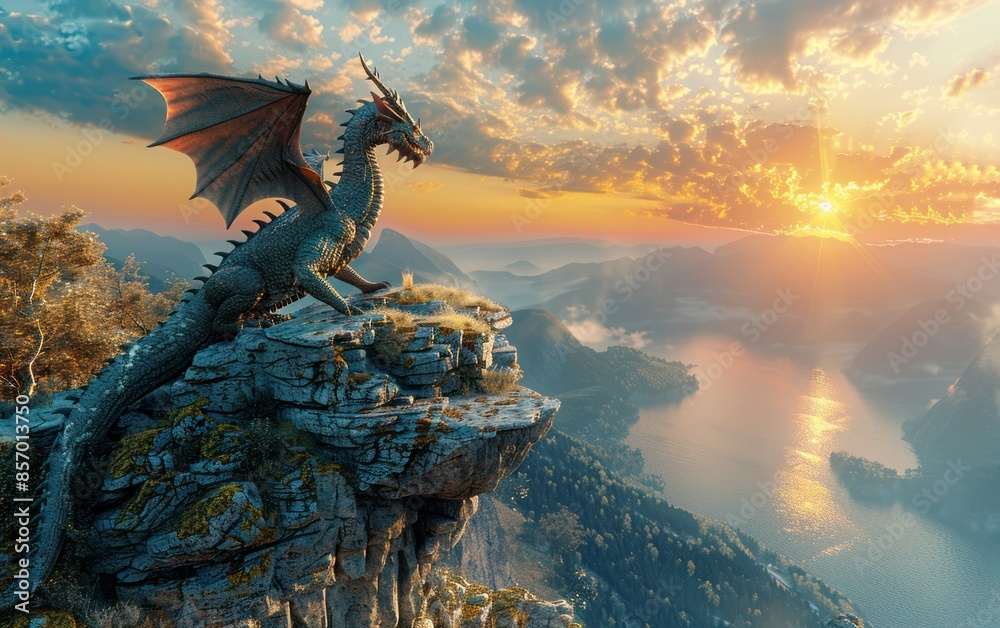 Fototapeta premium Majestic Dragon Overlooking a Sunrise Mountain Landscape