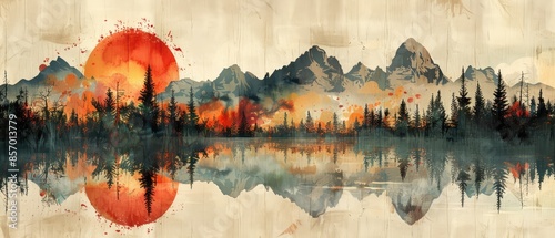 mountain sunset and its reflection over calm lake waters ideal for serene backgrounds and nature inspired themes photo