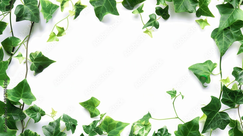 Fototapeta premium A delicate vine frame with green ivy leaves, isolated on a white background, high-definition, sharp details, studio lighting