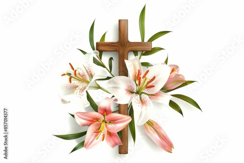 Cross with lilies isolated on white background for decorative design. Spring background photo