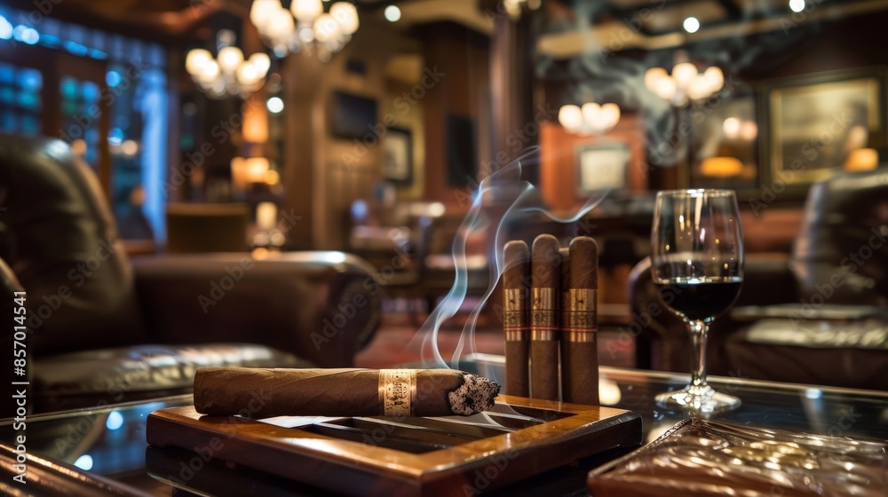 Fototapeta premium Picture a tranquil evening at a cigar lounge. Imagine the smoke curling up from a lit cigar, creating a relaxing and sophisticated ambiance for the patrons.
