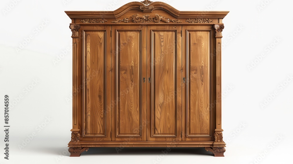 A classic wooden wardrobe with double doors, isolated on a white background, rich textures, high-definition, sharp details A classic wooden wardrobe with double doors, isolated on a white background, rich textures, high-definition, sharp details