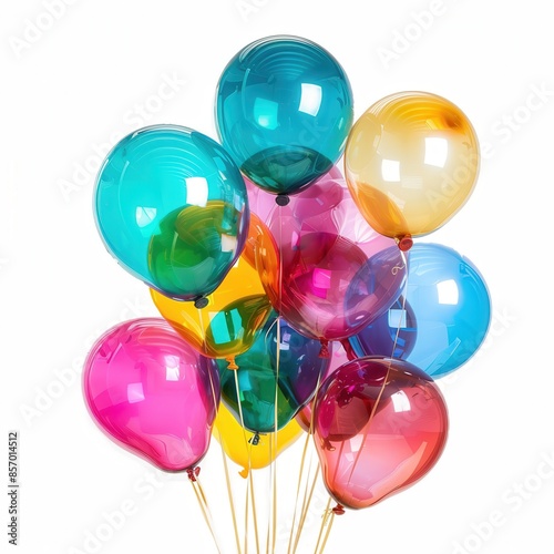 A cluster of colorful helium balloons, isolated on a white background, vibrant and glossy, high-definition, studio lighting