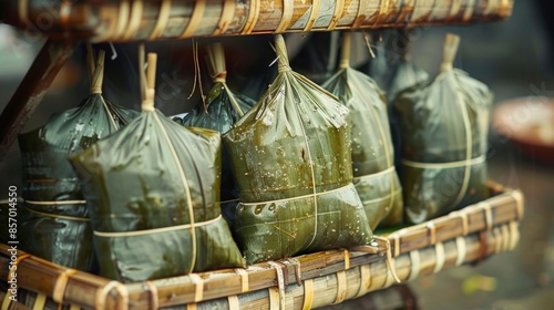 cultural food symbolism, zongzi, a chinese treat wrapped in bamboo leaves, symbolizes the dragon boat festivals ancient traditions and celebrations photo