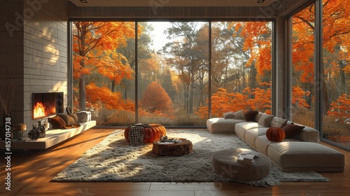 Obraz na płótnie A cozy living room featuring modern and stylish decor with a fireplace, large windows providing a scenic view of vibrant fall foliage and an inviting autumn atmosphere. w salonie