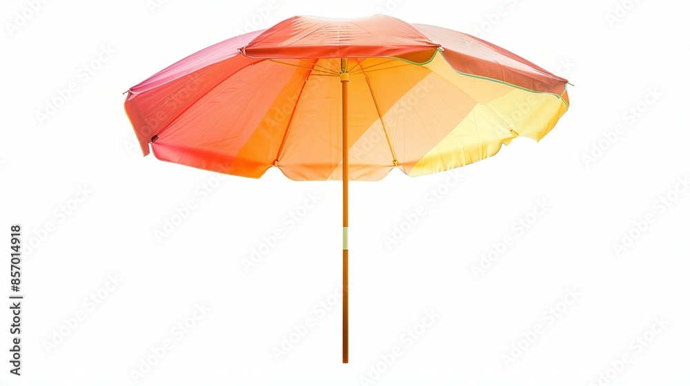 Obraz premium A beach umbrella with a sunset gradient pattern, isolated on a white background, vivid colors, high-definition, professional clarity