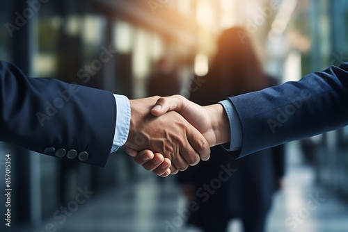 Close up of business people shaking hands in office. Partnership concept.