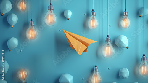 paper airplane flying through lightbulbs, representing creative ideas taking off ideal concept for smart advertising photo