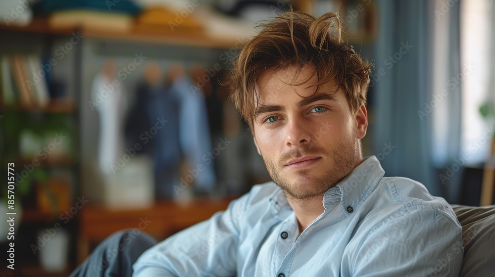 A man with tousled hair sits casually wearing a blue shirt, gazing intently towards the camera in a well-decorated room with books and clothes in the background. A man with tousled hair sits casually wearing a blue shirt, gazing intently towards the camera in a well-decorated room with books and clothes in the background.