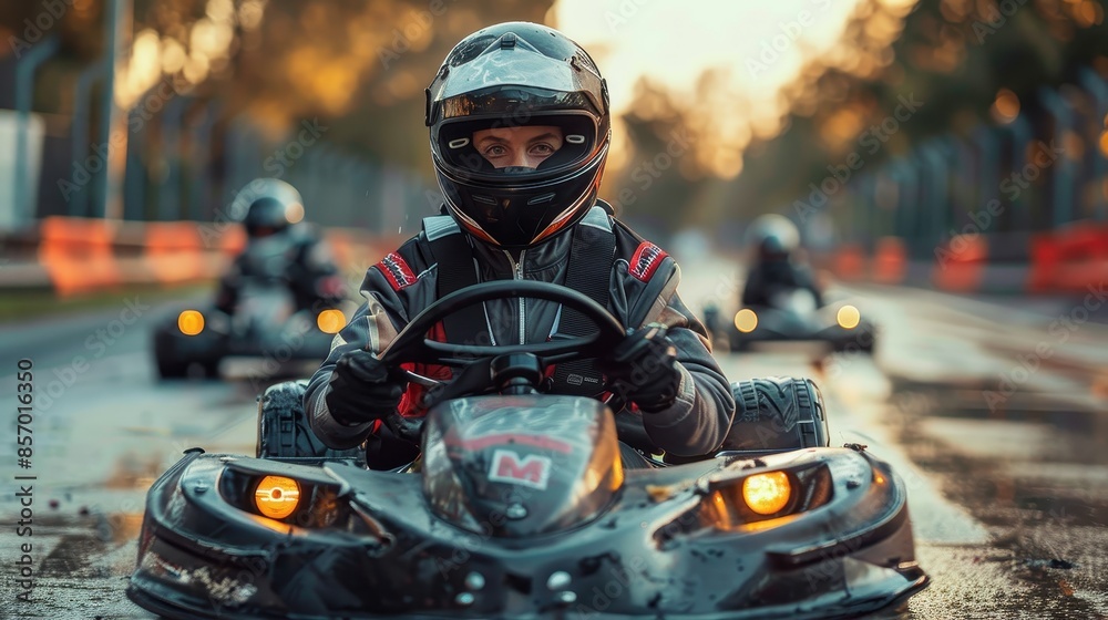 A person wearing helmet driving a go-kart on a racing track during sunset, with blurred background of other go-karters and nature. Ideal for racing and motorsport themes. A person wearing helmet driving a go-kart on a racing track during sunset, with blurred background of other go-karters and nature. Ideal for racing and motorsport themes.