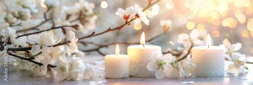 White flowering branch and 3 white candle lights outside in a garden, floral concept with burning candles decoration for contemplative athmosphere background