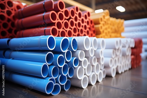 Stacked plastic pipes in a warehouse. Shallow depth of field