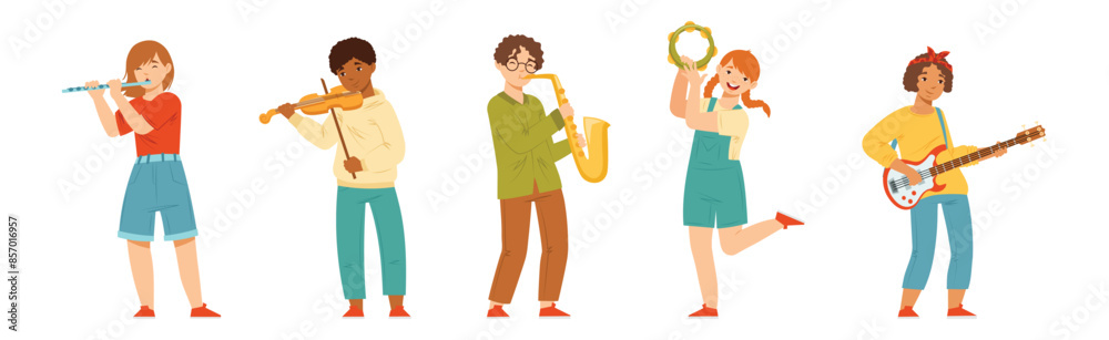 Happy Teen Boy and Girl Playing Different Musical Instruments Vector Set Happy Teen Boy and Girl Playing Different Musical Instruments Vector Set