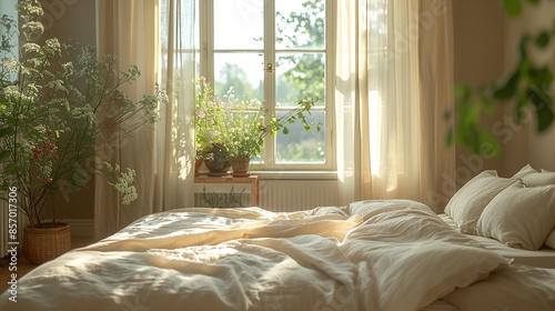 Bedroom Window: Soft morning light streaming through a bedroom window, creating a tranquil atmosphere ideal for lifestyle magazines. Illustration, Minimalism,