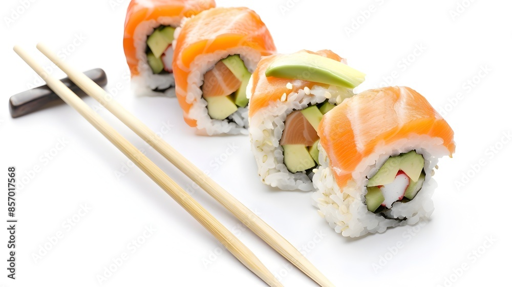 Freshly Prepared Sushi Roll with Avocado and Salmon on White Background Freshly Prepared Sushi Roll with Avocado and Salmon on White Background
