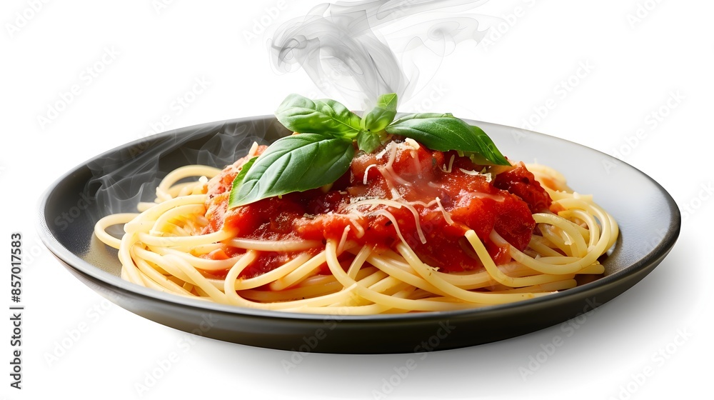 Savory Spaghetti with Marinara Sauce and Fresh Basil on White Background Savory Spaghetti with Marinara Sauce and Fresh Basil on White Background