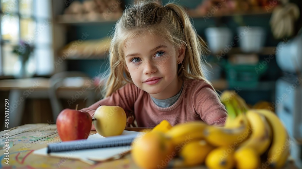 A young girl with a happy expression sits at a table graced with apples and bananas, reflecting a cheerful moment of study or creativity in a warmly lit room. A young girl with a happy expression sits at a table graced with apples and bananas, reflecting a cheerful moment of study or creativity in a warmly lit room.