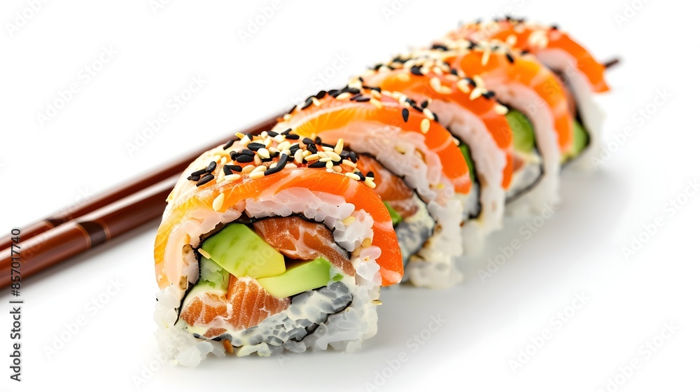 Freshly Made Sushi Roll with Avocado and Salmon on White Background Freshly Made Sushi Roll with Avocado and Salmon on White Background