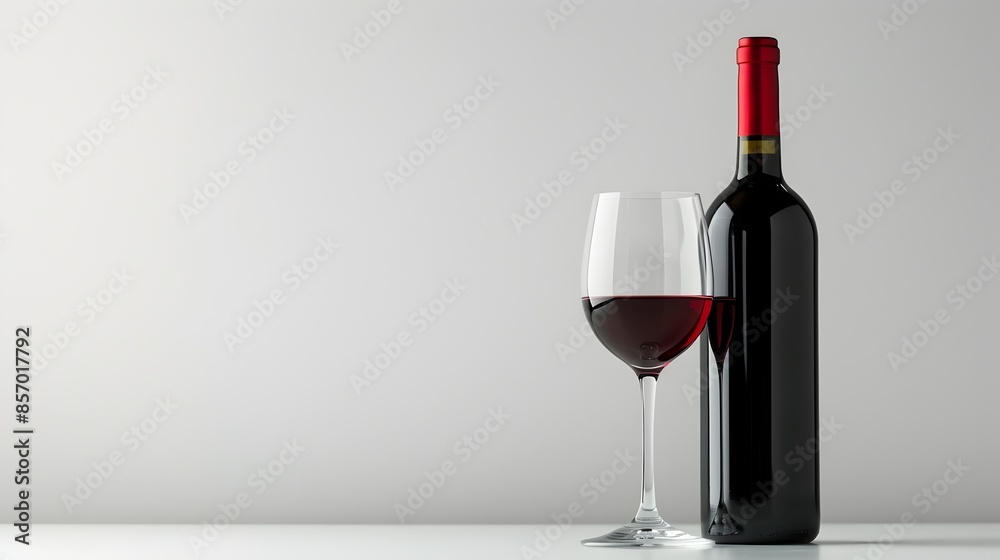 Elegant Red Wine Bottle and Filled Glass on White Background with Copy Space Elegant Red Wine Bottle and Filled Glass on White Background with Copy Space