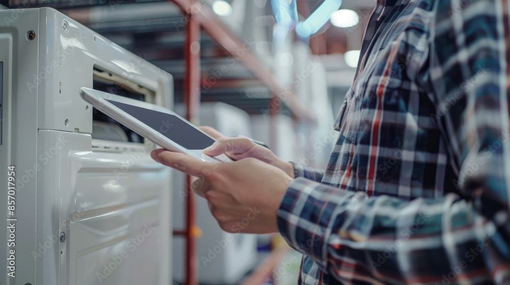 Obraz premium Technician using a digital tablet to diagnose HVAC issues, ensuring accurate and efficient problem-solving. HVAC service technician. Copyspace