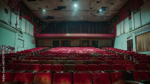 The quiet stillness of the empty movie theatre belies the vibrant energy that once filled its walls, now dormant in the absence of the laughter and applause of its audience. photo