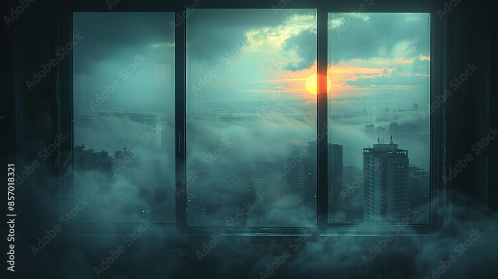 Obraz premium Foggy Morning: Dense fog enveloping the view from a window, lending an air of mystery and intrigue to the scene, perfect for creating atmospheric imagery. Illustration, Minimalism,