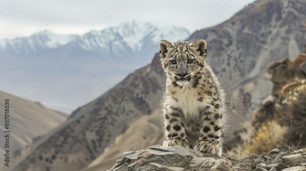Obraz premium Through the lens of the photographer, the innocence and vulnerability of the snow leopard cub are juxtaposed against the rugged backdrop of its mountainous habitat
