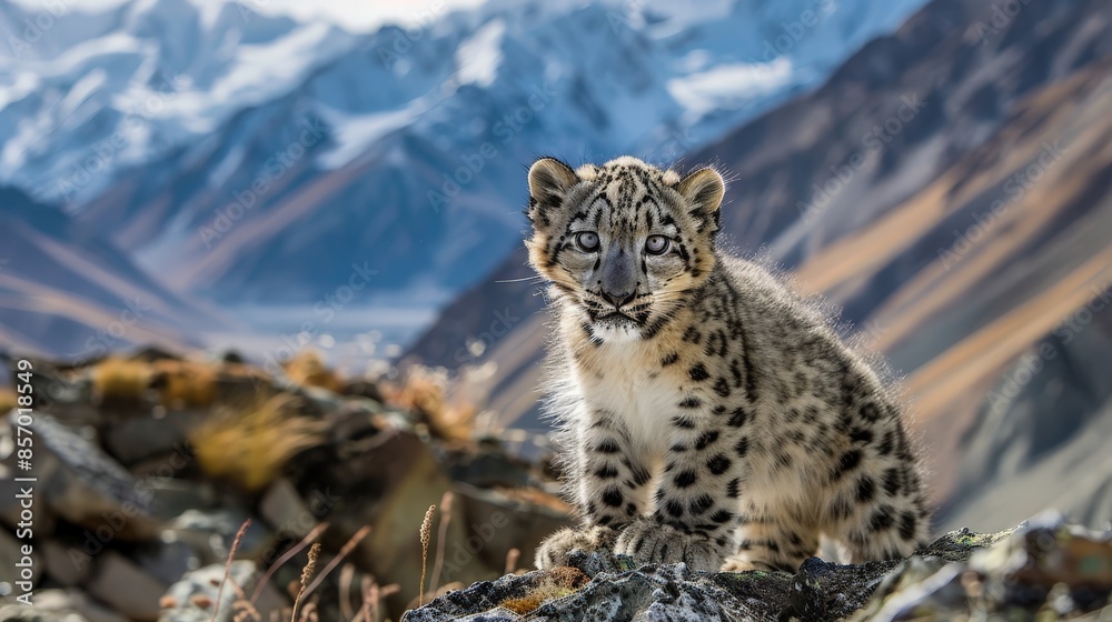 Through the lens of the photographer, the innocence and vulnerability of the snow leopard cub are juxtaposed against the rugged backdrop of its mountainous habitat Through the lens of the photographer, the innocence and vulnerability of the snow leopard cub are juxtaposed against the rugged backdrop of its mountainous habitat