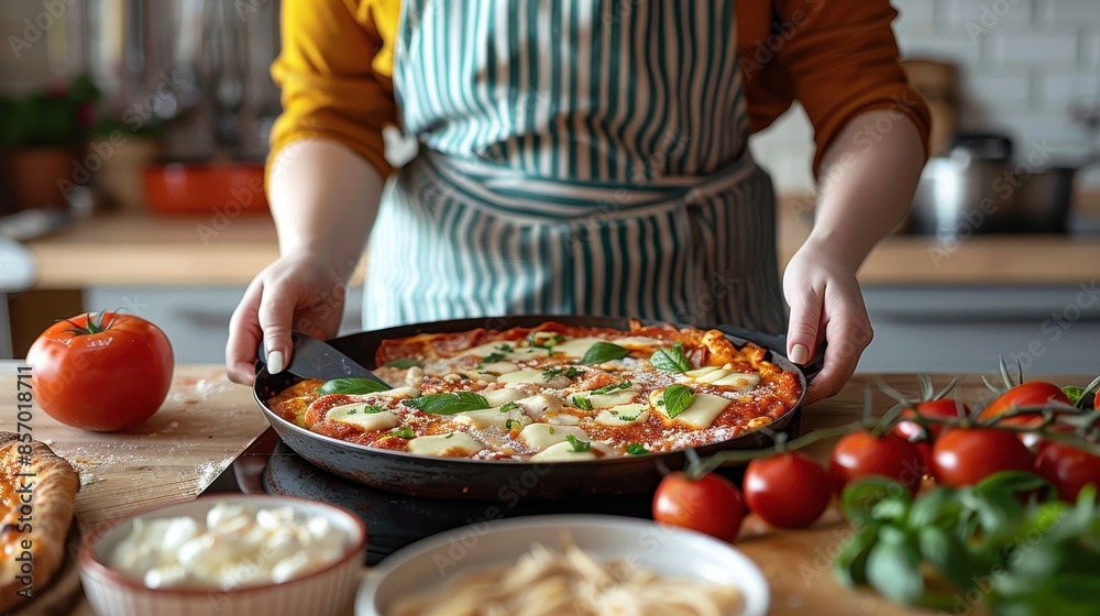 A person wearing an apron is preparing a homemade pizza in a kitchen, surrounded by fresh ingredients like tomatoes and herbs, creating a vibrant and culinary atmosphere. A person wearing an apron is preparing a homemade pizza in a kitchen, surrounded by fresh ingredients like tomatoes and herbs, creating a vibrant and culinary atmosphere.