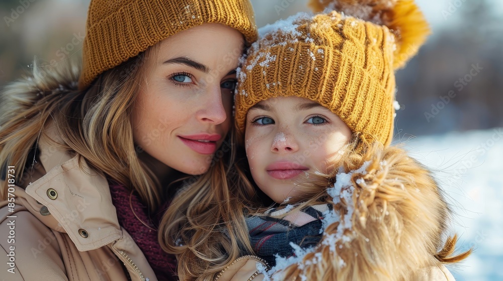 This heartwarming image features a mother and daughter dressed in winter coats and hats, embracing each other in a snowy outdoor setting, capturing a moment of love and warmth.