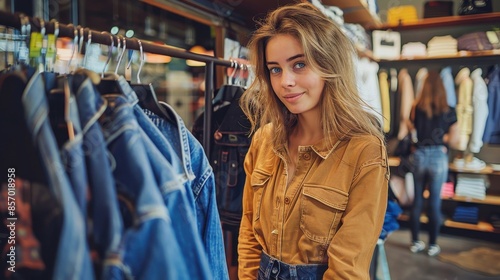 A woman wearing a mustard shirt with loose hair stands in front of clothing racks, smiling in a stylish clothing store filled with denim and other garments. © Pinklife