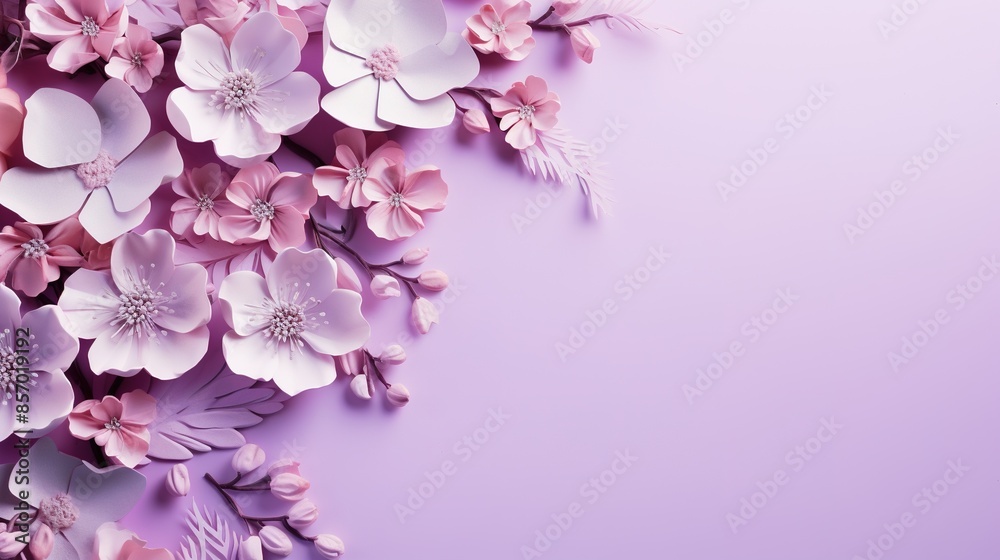 Flowers on a purple background with space to copy. Romantic feminine composition. An invitation to a wedding. A greeting card for Women's Day Flowers on a purple background with space to copy. Romantic feminine composition. An invitation to a wedding. A greeting card for Women's Day