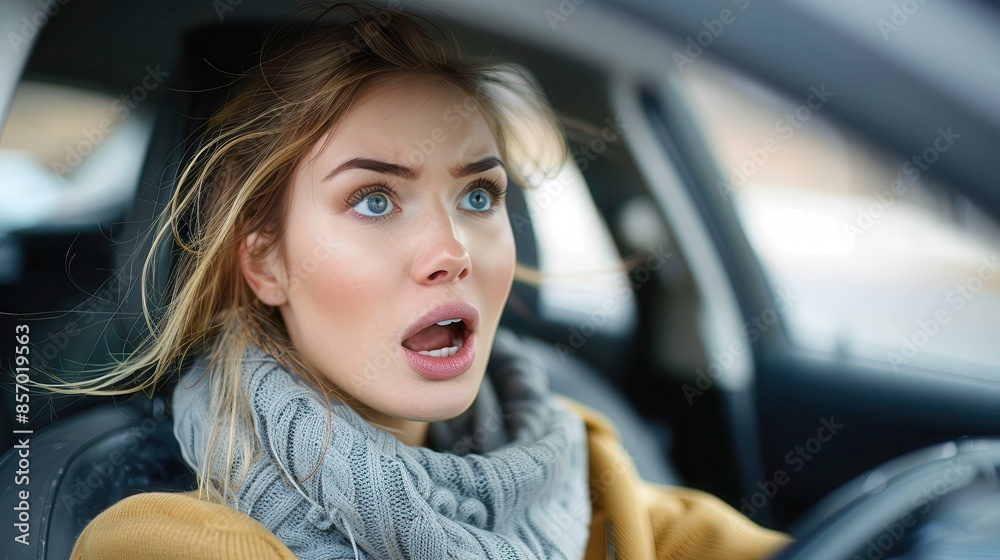 A woman with wide, concerned eyes and a scarf, driving a car in a heavy traffic environment, communicates a state of worry and tension combined with modern mobility. A woman with wide, concerned eyes and a scarf, driving a car in a heavy traffic environment, communicates a state of worry and tension combined with modern mobility.