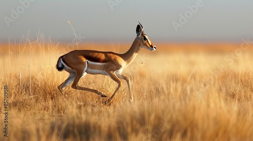 Visualize a graceful gazelle bounding across the savannah. Picture its sleek form and long legs propelling it effortlessly through the grasslands, embodying elegance 