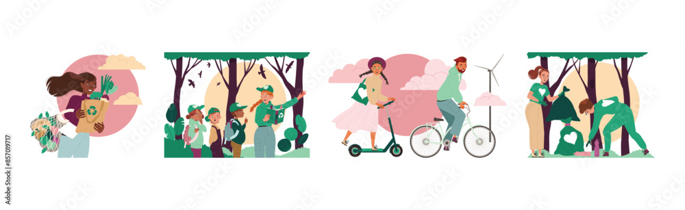Fototapeta premium People Character Care of Nature and Environment Vector Set