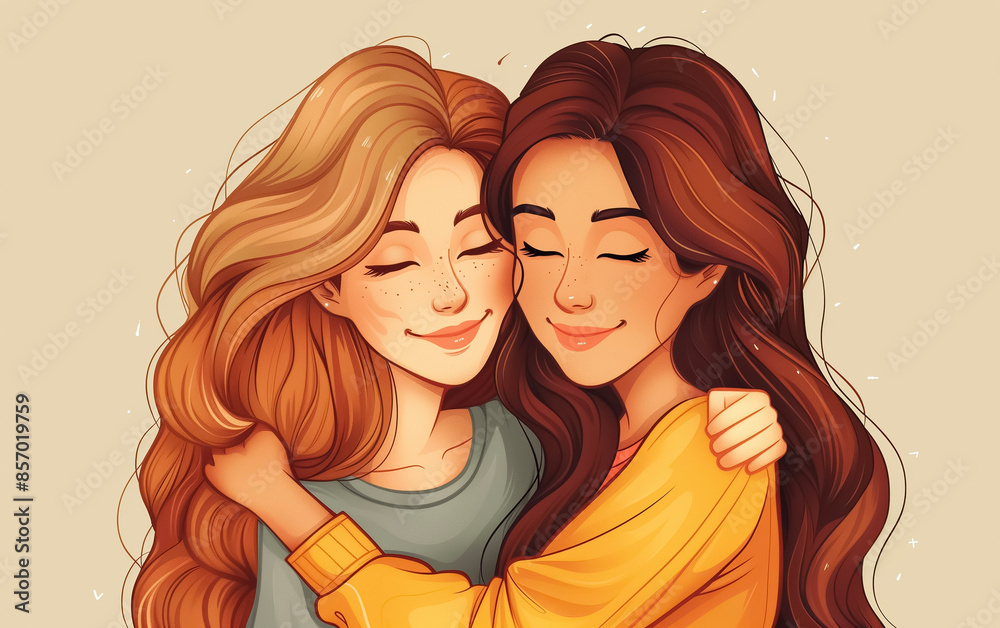 Cartoon girl friends embracing on beige background. Cartoon girl friends embracing on beige background.