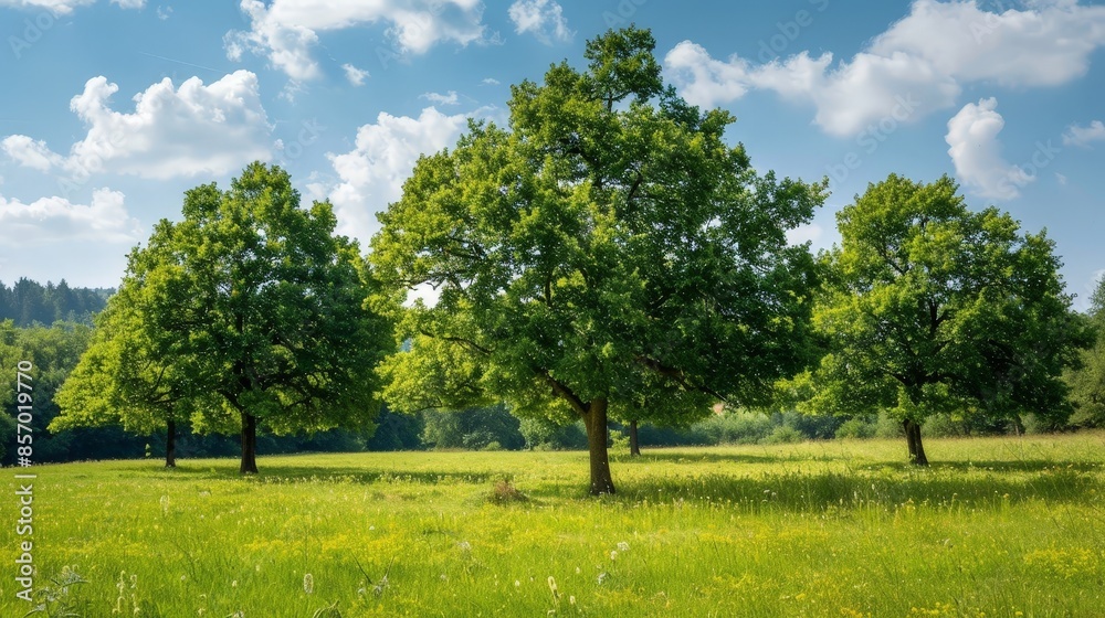 Visualize a lush, green meadow with a group of chestnut trees. Picture the trees in full bloom, with their spiky fruit hanging down, adding to the vibrant and fertile landscape. Visualize a lush, green meadow with a group of chestnut trees. Picture the trees in full bloom, with their spiky fruit hanging down, adding to the vibrant and fertile landscape.