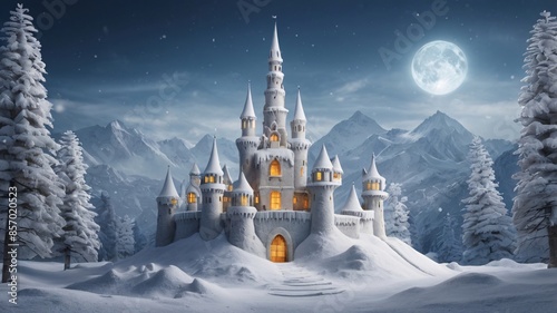 snow castle with  snow fall mountain landscape