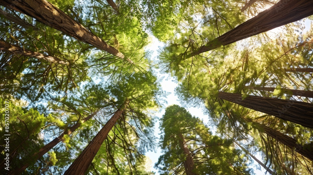 Fototapeta premium Visualize a peaceful grove of towering redwood trees, their massive trunks and towering canopy creating a cathedral-like atmosphere of reverence and tranquility.