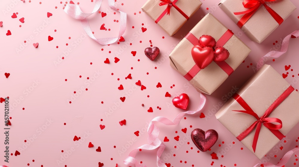 Gifts wrapped in brown paper with red ribbons and hearts on a pink background with confetti. Perfect for Valentine's Day or a romantic celebration. Gifts wrapped in brown paper with red ribbons and hearts on a pink background with confetti. Perfect for Valentine's Day or a romantic celebration.