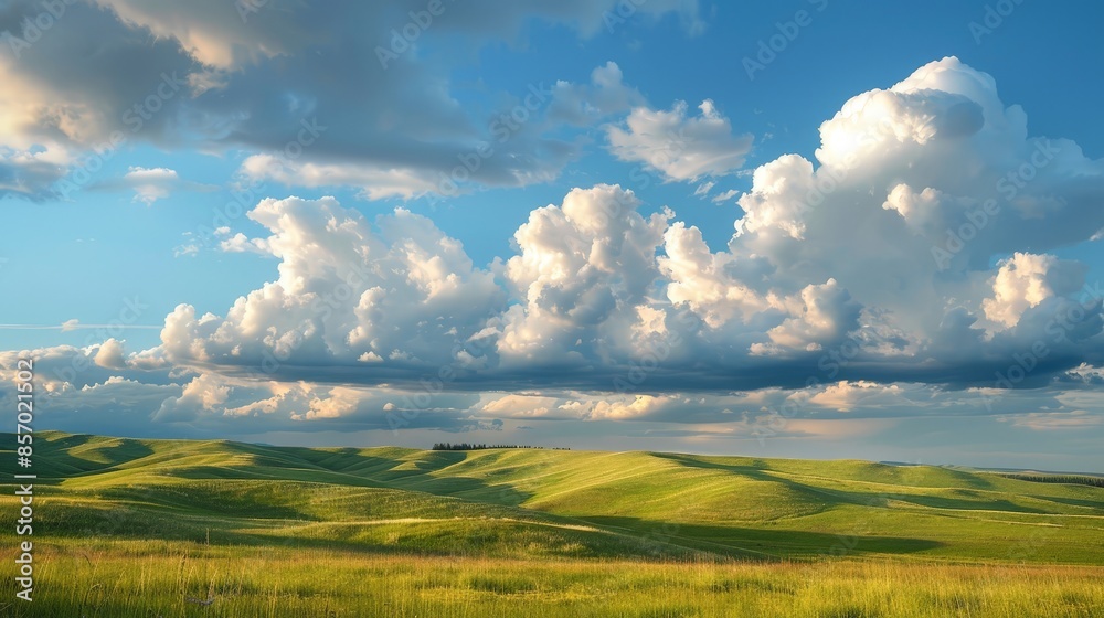 Obraz premium Visualize a serene countryside beneath a canvas of fluffy cumulus clouds, their puffy shapes casting shadows on the rolling hills below and adding a touch of drama to the pastoral landscape.