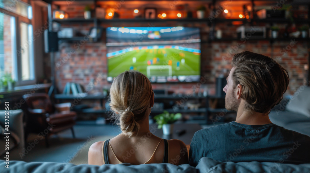 custom made wallpaper toronto digitalA couple sitting on a couch in a cozy living room, watching a sports game on a large television.