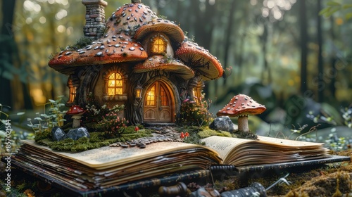 Obraz na płótnie A delightful image featuring a charming mushroom-shaped cottage emerging from an open book, symbolizing a whimsical fairy tale set in a magical forest setting. w salonie