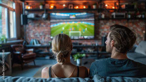 Wallpaper Mural A couple sitting on a couch in a cozy living room, watching a sports game on a large television. Torontodigital.ca