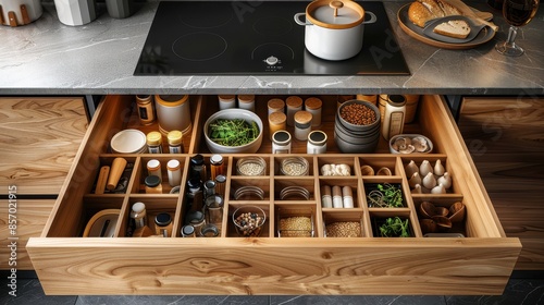 Obraz na płótnie A meticulously organized kitchen drawer filled with various spices and cooking essentials, exemplifying orderliness and efficiency for an enhanced cooking experience. w salonie